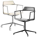 Two Modern Office Chairs With Metal Frame Armrests And Rolling Wheels In Light Dark Tones