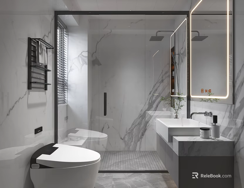 Modern Bathroom Interior With Marble Walls Glass Shower Toilet Vanity And Backlit Mirror 3d model 