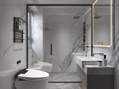 Modern Bathroom Interior With Marble Walls Glass Shower Toilet Vanity And Backlit Mirror 3d model