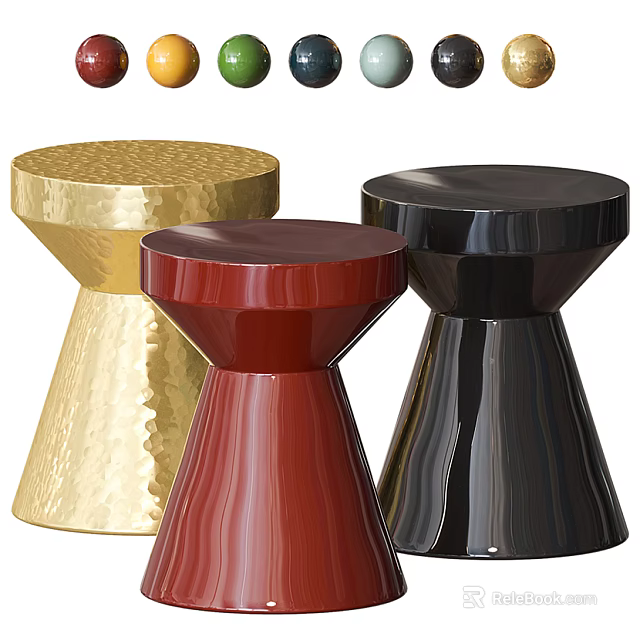 Modern Round Side Tables with Gold Red Black Tapered Bases and Hammered Smooth Finishes 3d model 