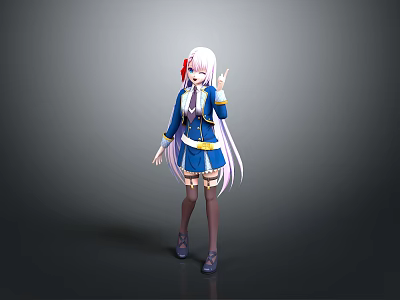 Anime Style Game Character With White Long Hair Red Accessory Blue Uniform And Waving Hand 3d model