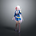 Anime Style Game Character With White Long Hair Red Accessory Blue Uniform And Waving Hand