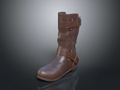 Stylish Brown Leather Mid Calf Boots With Adjustable Straps And Metal Buckles 3d model