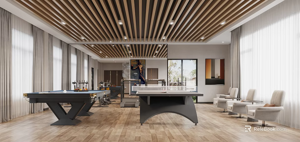 Modern Billiard Room Interior With Tables Wooden Ceiling And Chairs 3d model 