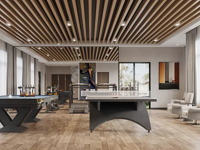 Modern Billiard Room Interior With Tables Wooden Ceiling And Chairs 3d model