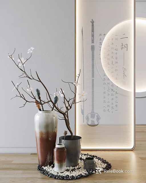 Gradual Color Vase Holding White Flower Branches and Small Metal Pot beside Patterned Screen 3d model 