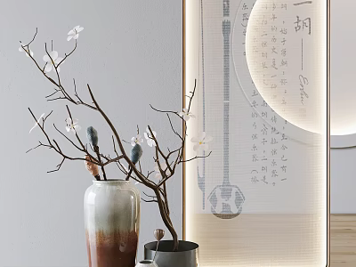 Gradual Color Vase Holding White Flower Branches and Small Metal Pot beside Patterned Screen 3d model