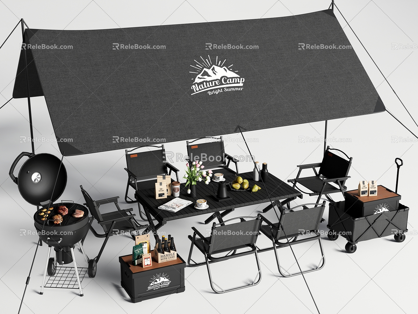 Camping table and chair combination outdoor table and chair tent canopy barbecue food and beverage 3d model