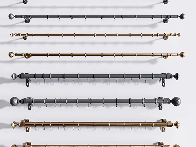 Curtain Accessories Featuring Various Metal Curtain Rods With Decorative Finials In Black And Gold 3d model