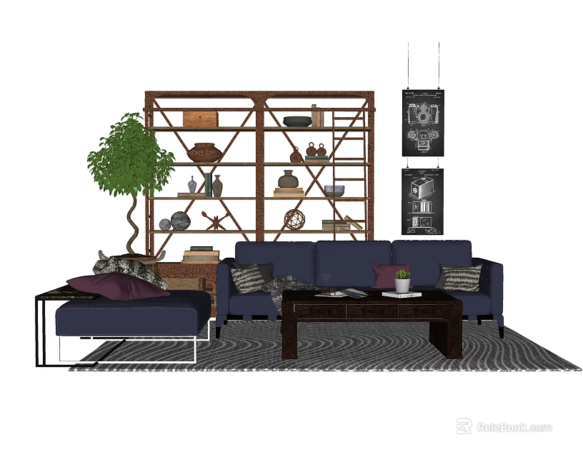 Blue Sofa And Coffee Table Set With Ottoman Green Plant Decorative Shelf And Wall Art 3d model 