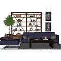 Blue Sofa And Coffee Table Set With Ottoman Green Plant Decorative Shelf And Wall Art