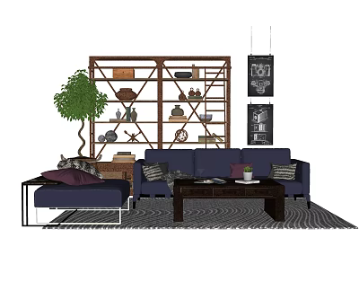 Blue Sofa And Coffee Table Set With Ottoman Green Plant Decorative Shelf And Wall Art 3d model