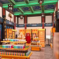 Chinese Traditional Specialty Store With Lanterns Carved Doors Shelves Full Of Goods Green Decor And Lights
