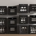Showcase of Multiple Black Kitchen Appliances with Dishes and Bowls Inside