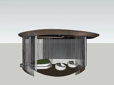 Circular Pergola Design with Hanging Metal Strips Wooden Floor and Green Cushion Seats 3d model