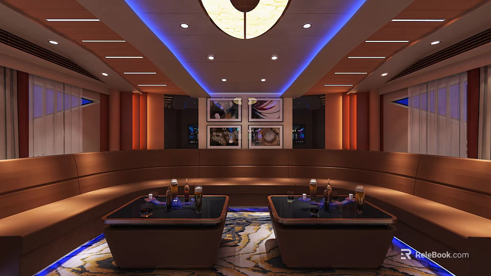Modern KTV Lounge Interior With Brown Sofas Two Tables Blue Ceiling Lighting And Decorative Paintings 3d model 