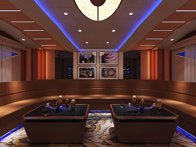 Modern KTV Lounge Interior With Brown Sofas Two Tables Blue Ceiling Lighting And Decorative Paintings 3d model