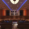 Modern KTV Lounge Interior With Brown Sofas Two Tables Blue Ceiling Lighting And Decorative Paintings