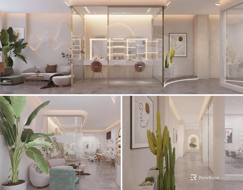 Modern Beauty Salon Interior With Styling Chairs Mirrors Green Plants And Comfortable Seating 3d model 