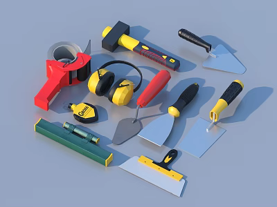 Professional Hardware Tools Set Including Hammer Tape Measure Trowel Screwdriver Scraper and Ear Muffs 3d model
