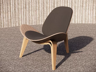 Modern Accent Chair With Black Cushion And Wooden Frame On Gray Carpet Against Textured Wall 3d model