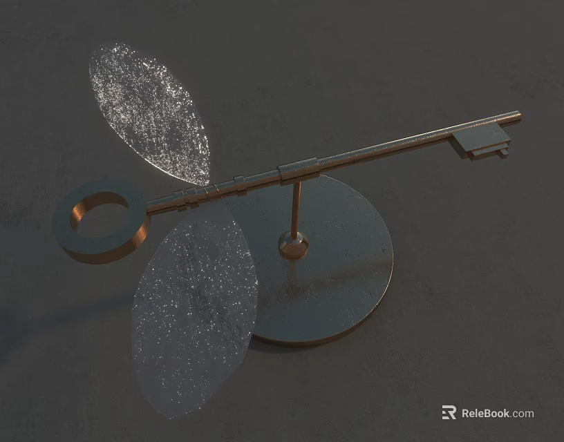 Metallic Key Shaped Jewelry With Transparent Glittering Leaf Decorations And Round Base 3d model 