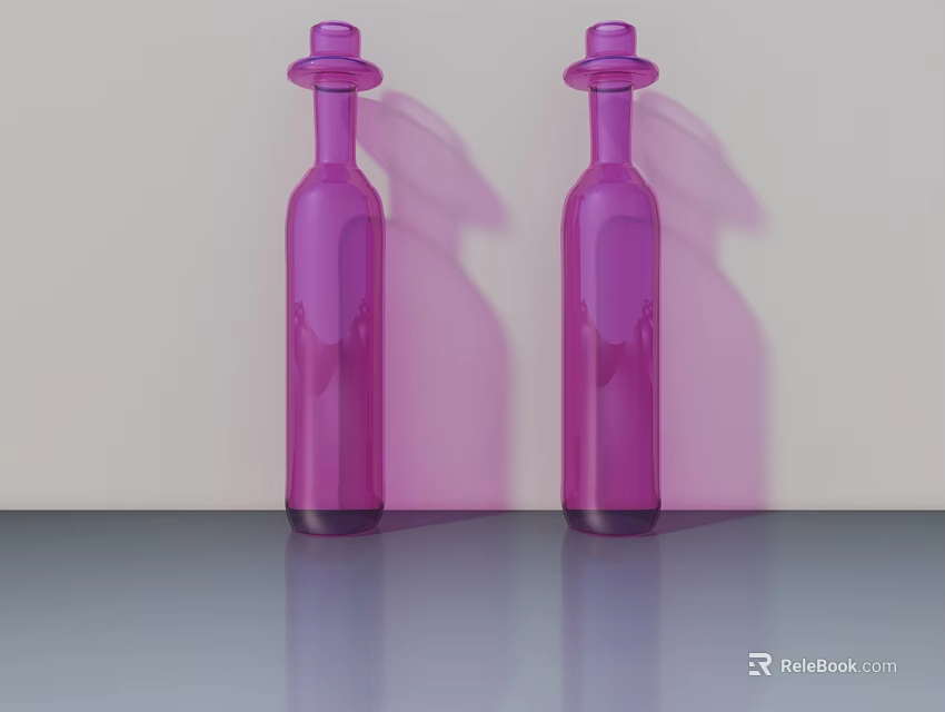 Purple Perfume Bottles With Stylish Design And Hat Shaped Caps On Reflective Surface Light Background 3d model 