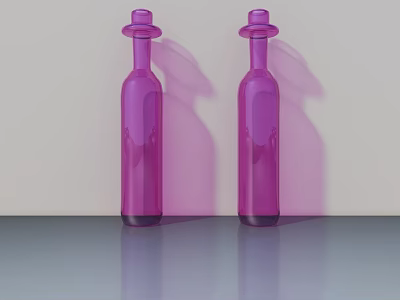 Purple Perfume Bottles With Stylish Design And Hat Shaped Caps On Reflective Surface Light Background 3d model