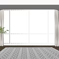 White Window Blinds In Modern Interior Room With Gray Curtains Area Rug And Potted Plant