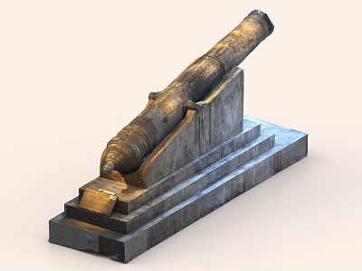Ancient Brass Cannon Mounted On Stone Pedestal With Detailed Historical Features 3d model
