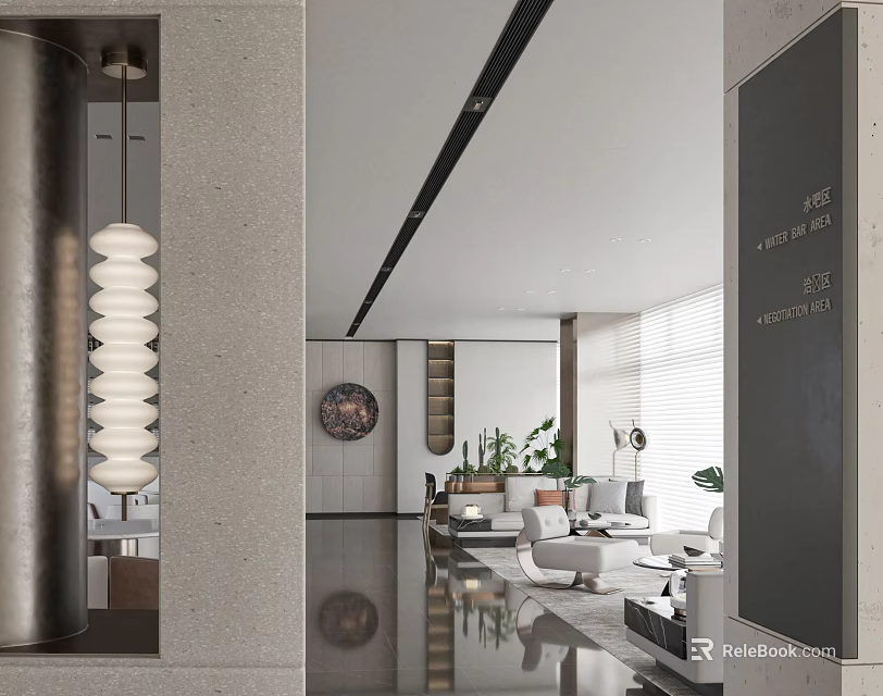 Modern Luxury Sales Office Lobby With Stylish Sofas Pendant Lights Green Plants And Marble Floor 3d model 