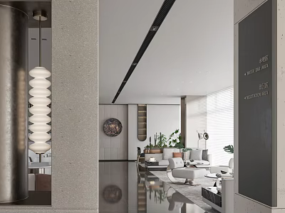 Modern Luxury Sales Office Lobby With Stylish Sofas Pendant Lights Green Plants And Marble Floor 3d model