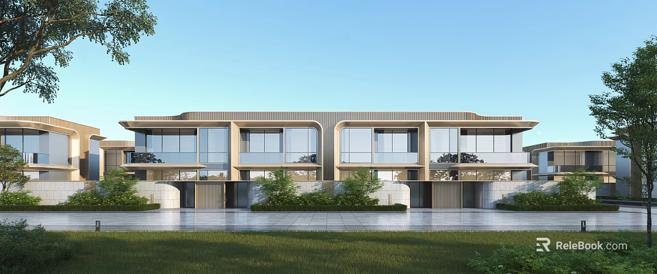 Modern Villa Exterior Design With Glass Curtain Wall Lawn And Blue Sky 3d model 