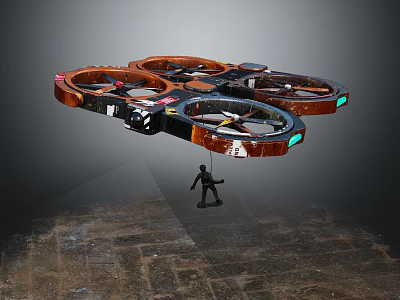 Quadruple Rotor Drone With Orange Black Frame For Rescue Transport Carrying Miniature Figure 3d model