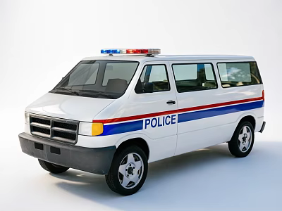 White Police Car With Blue Red Stripes Roof Police Lights And Side POLICE Lettering 3d model