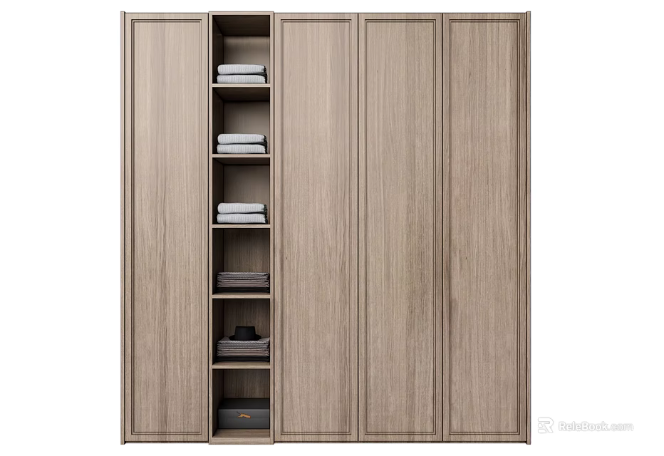 Modern Light Wood Wardrobe Featuring Multiple Doors Open Shelves And Folded Towels Storage 3d model 