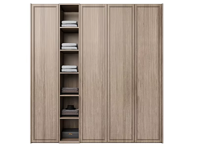 Modern Light Wood Wardrobe Featuring Multiple Doors Open Shelves And Folded Towels Storage 3d model