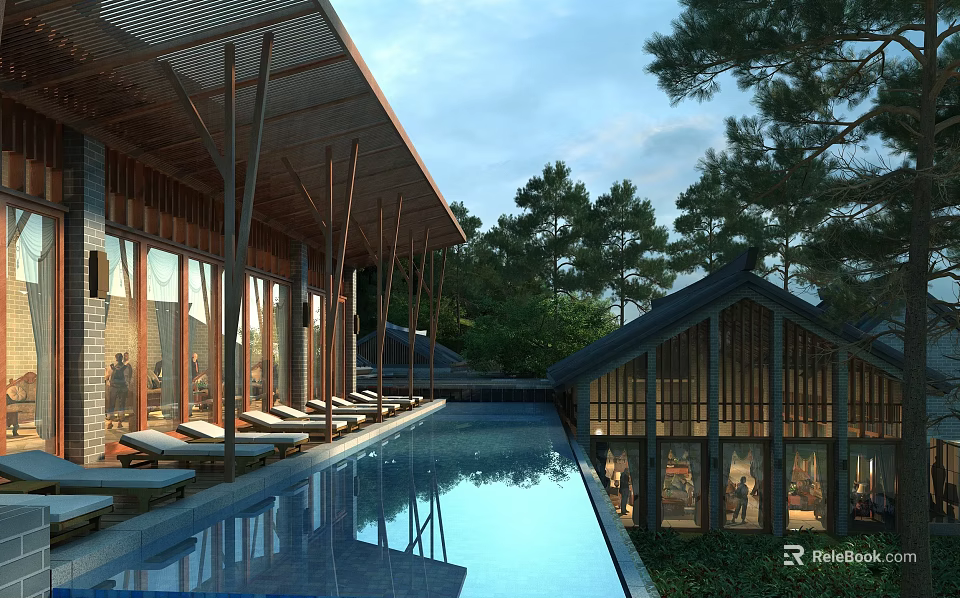 Detached Villa with Infinity Pool Wooden Roof Sun Loungers Glass Windows Surrounded by Trees 3d model 