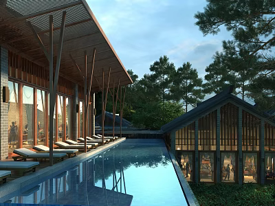 Detached Villa with Infinity Pool Wooden Roof Sun Loungers Glass Windows Surrounded by Trees 3d model