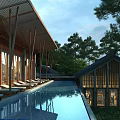 Detached Villa with Infinity Pool Wooden Roof Sun Loungers Glass Windows Surrounded by Trees