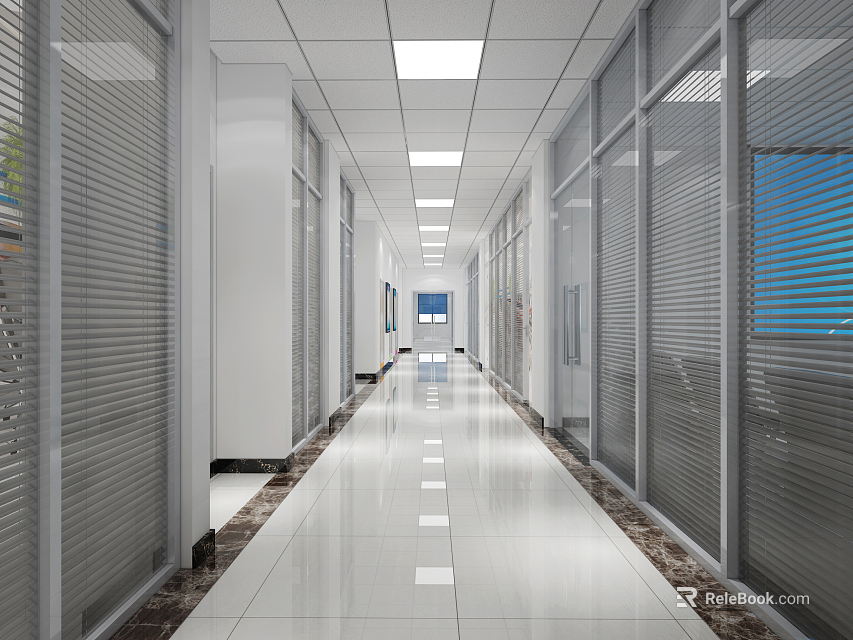 Modern Bright Office Corridor With Glass Partitions And White Tiled Floor 3d model 