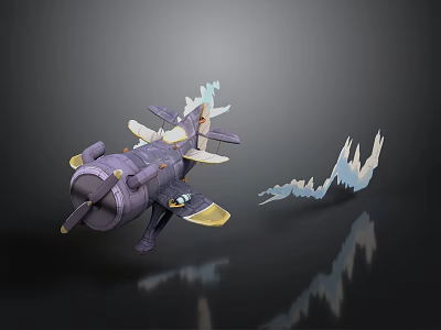 Purple Airplane Model Featuring Yellow Details White Smoke Decorations on Dark Background with Reflection 3d model