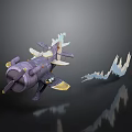 Purple Airplane Model Featuring Yellow Details White Smoke Decorations on Dark Background with Reflection