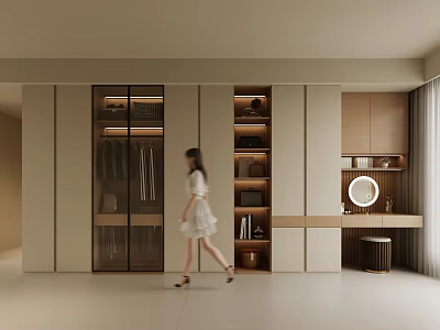 Modern Wardrobe Interior Design With Glass Doors Wooden Cabinets And Storage Shelves 3d model