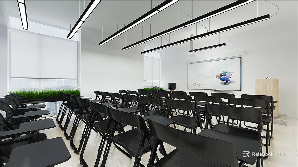 Modern Conference Room Interior With Black Chairs Tables Whiteboard And Ceiling Lights 3d model 