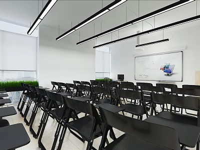 Modern Conference Room Interior With Black Chairs Tables Whiteboard And Ceiling Lights 3d model