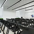 Modern Conference Room Interior With Black Chairs Tables Whiteboard And Ceiling Lights