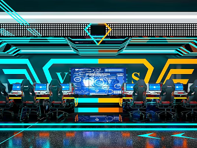 Modern Cyber Cafe Interior With High Tech Neon Lights Computers And Ergonomic Seats 3d model