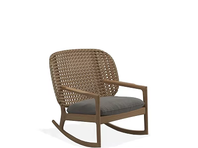 Elegant Wicker Rocking Chair With Sturdy Wooden Frame And Soft Gray Cushion 3d model