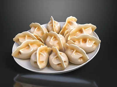 Delicious Steamed Chinese Dumplings Neatly Arranged On White Ceramic Plate 3d model